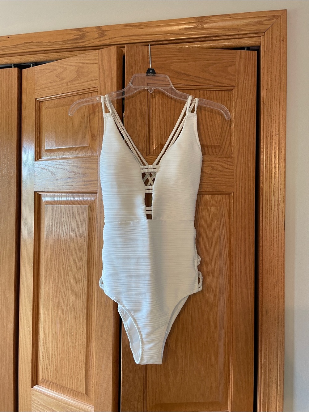 Jessica Simpson White Ribbed One-Piece Swimsuit with Strappy V-Neck